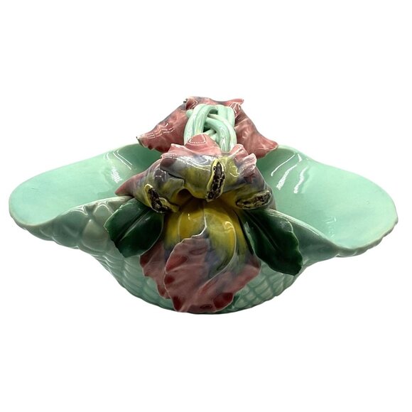 Handmade Ceramic Basket Bowl With Floral Handle Green With Lilies 10.5"x 5" - Picture 9 of 10